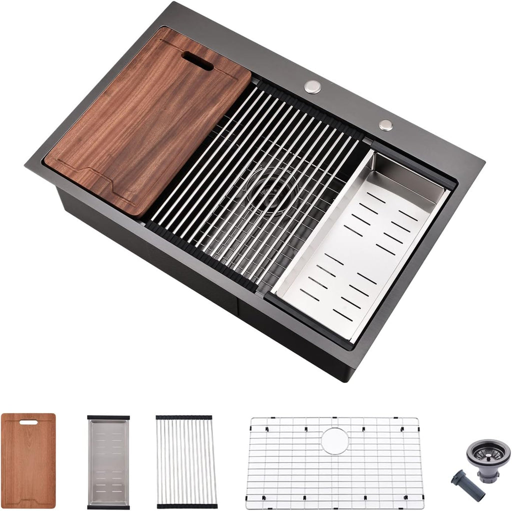 28 Inch Drop in Kitchen Sink Workstation with Accessories - 28X22 Inch Topmount Single Bowl 16 Gauge Stainless Steel Kitchen Sink Drop in with Cutting Board