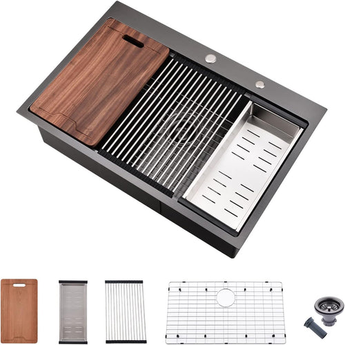 28 Inch Drop in Kitchen Sink Workstation with Accessories - 28X22 Inch Topmount Single Bowl 16 Gauge Stainless Steel Kitchen Sink Drop in with Cutting Board
