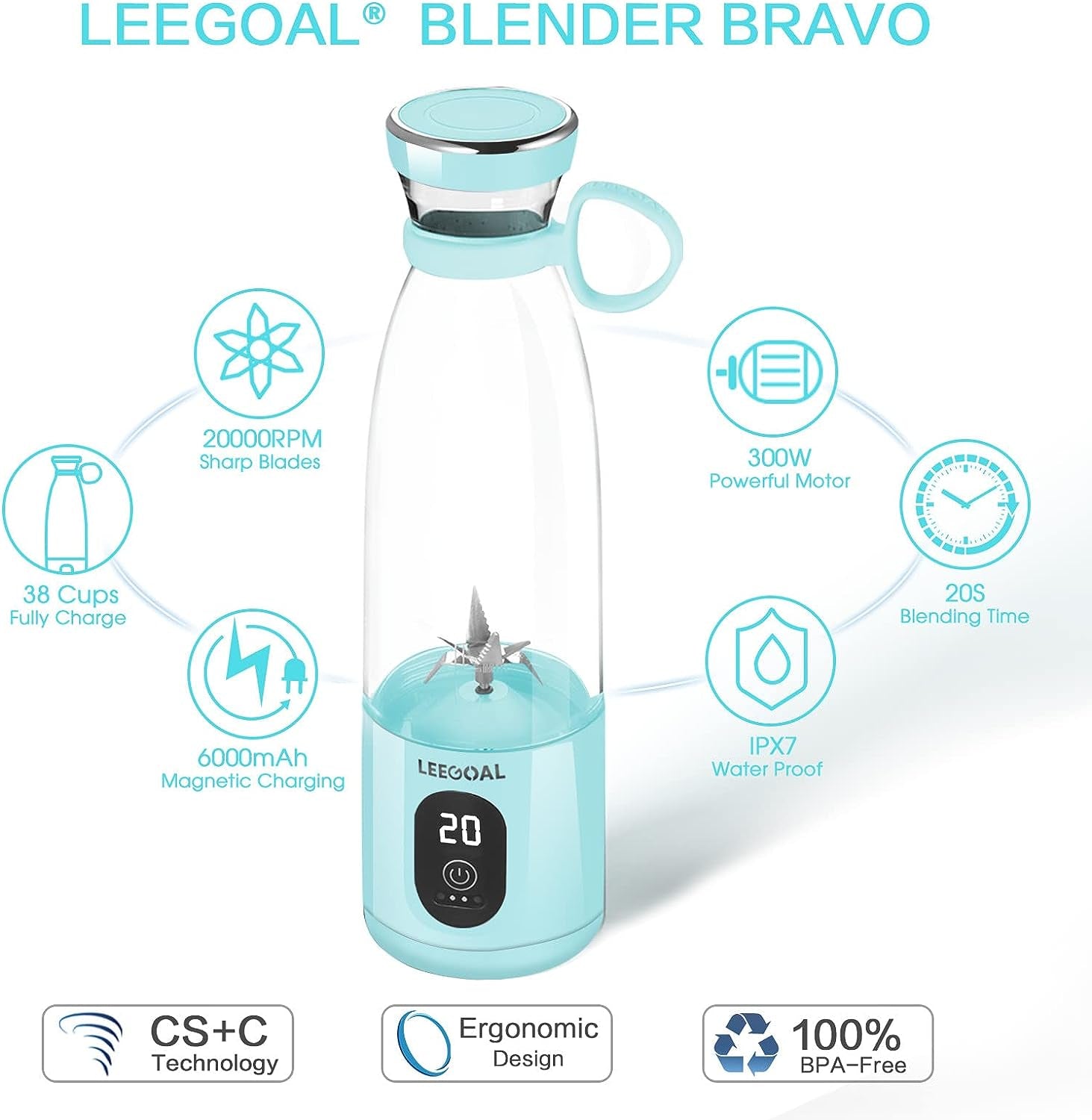 Smoothie Maker, 18OZ/535ML Portable Smoothie Blender Juicer Mixer, 300W Powerful Personal Blender | Crushes Ice Cubes| 3X MORE POWERFUL than Most USB Blenders,  Blender Bravo Blue