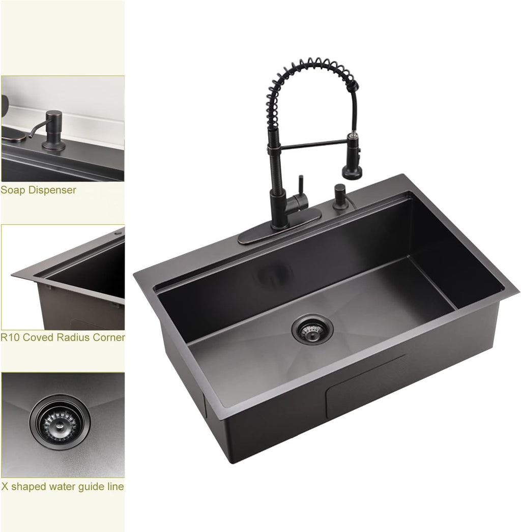 28 Inch Drop in Kitchen Sink Workstation with Accessories - 28X22 Inch Topmount Single Bowl 16 Gauge Stainless Steel Kitchen Sink Drop in with Cutting Board